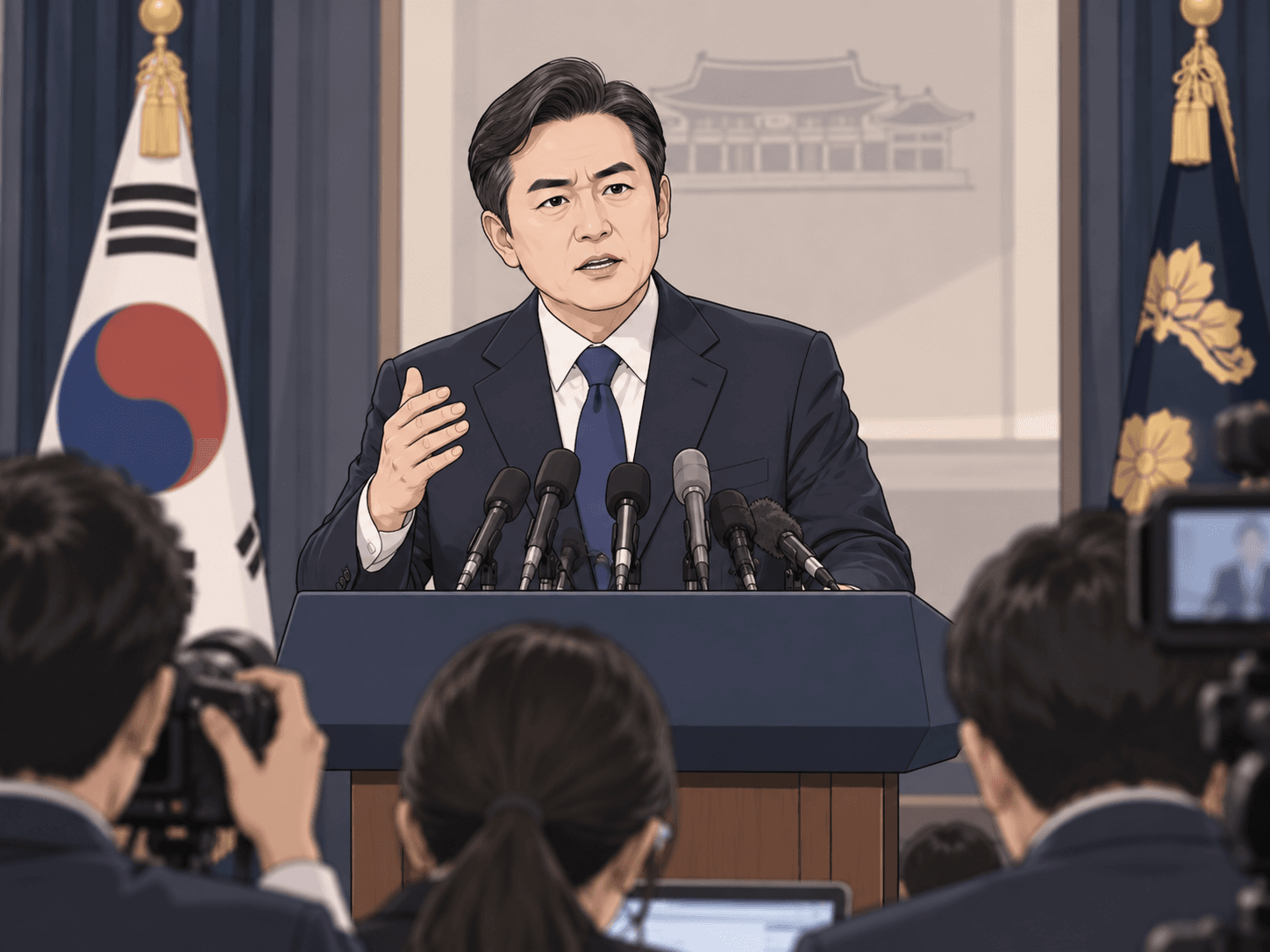 대통령이 기자회견에서 중도보수 정책에 대해 설명하고 있는 모습, 배경에는 한국 국기와 청와대 이미지가 보임. 기자들이 질문을 위해 촬영 중인 장면.