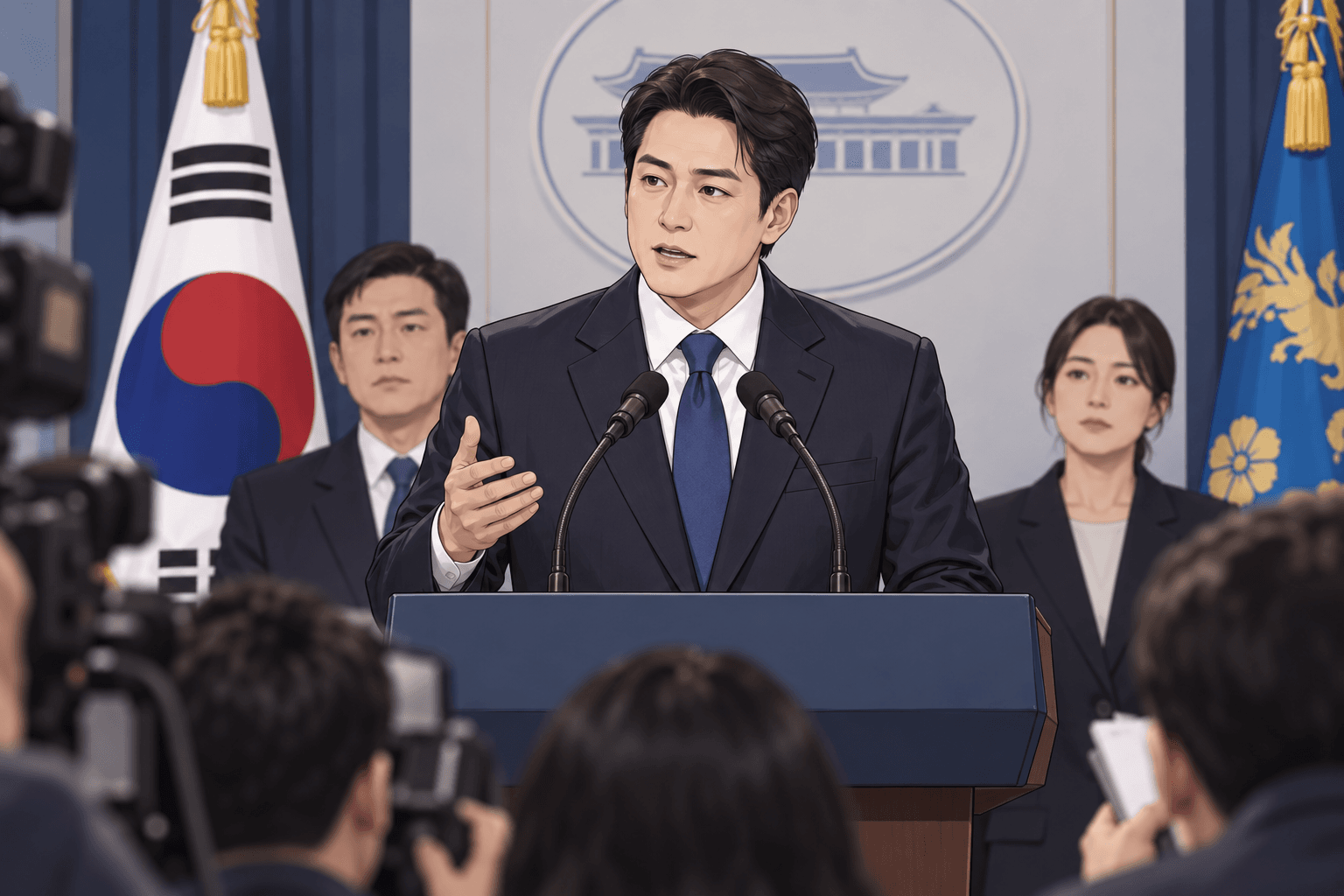 정장 차림의 남성이 기자회견 중 발언하고 있으며, 배경에는 한국 국기와 청와대 로고가 보인다. 뒤에는 두 명의 보좌관이 서 있고, 여러 기자들이 촬영하고 있는 모습이다. 이 이미지는 중도보수 정치 관련 내용을 담고 있는 페이지와 관련이 있다.
