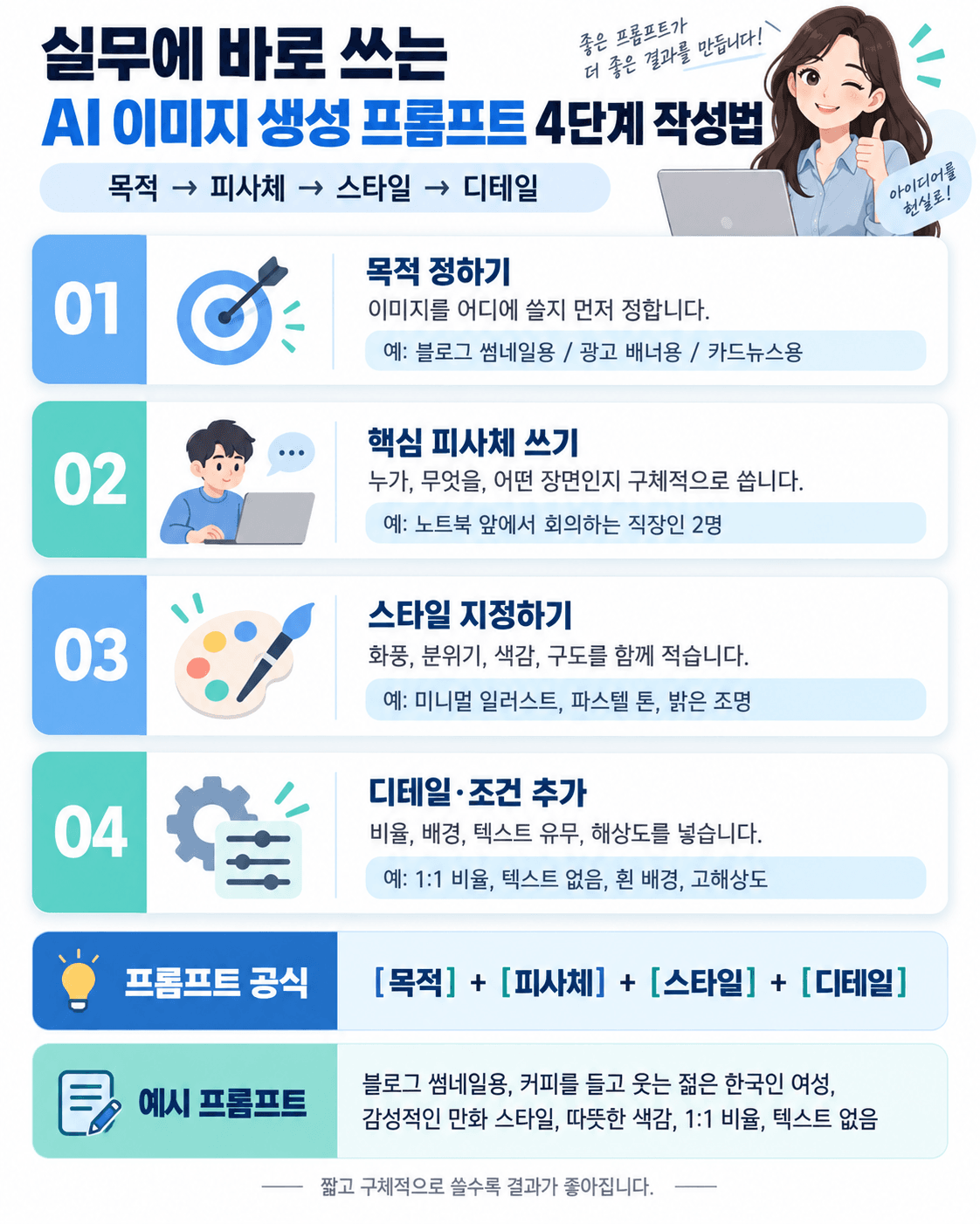 AI 이미지 생성 프롬프트 작성 방법을 설명하는 인포그래픽으로, 목표 설정, 핵심 피사체 작성, 스타일 지정, 세부 사항 추가의 4단계를 시각적으로 안내합니다. 각 단계에 대한 예시와 설명이 포함되어 있어 효과적인 프롬프트 작성에 도움을 줍니다.