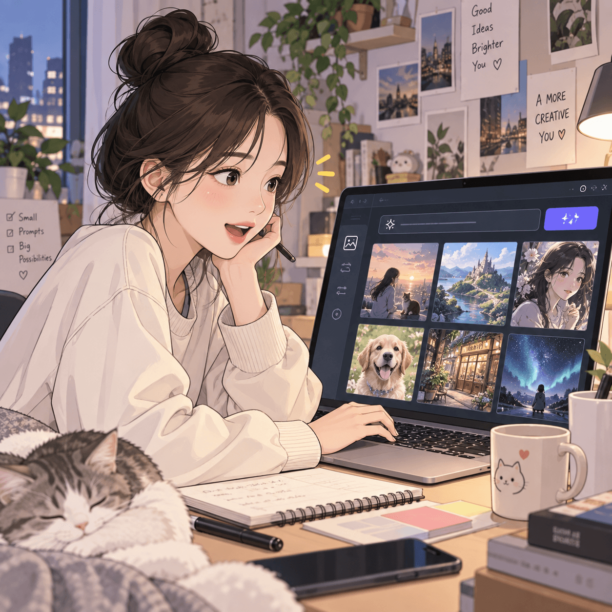 AI 그림 생성 프롬프트를 작성하는 여성 캐릭터가 노트북 화면을 바라보며 아이디어를 구상하는 모습. 배경에는 식물과 다양한 사진이 장식된 작업 공간이 보이며, 옆에는 잠든 고양이가 있다.