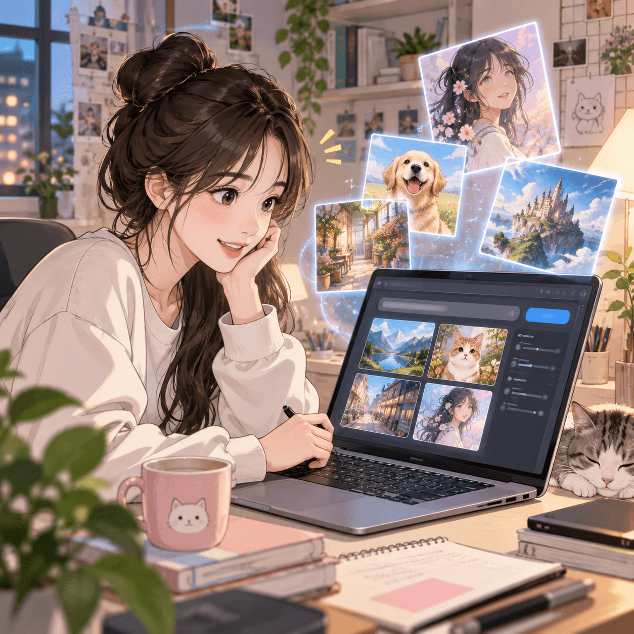 AI 그림 그리기 프롬프트를 작성하는 여성과 컴퓨터 화면에 나타난 다양한 이미지들. 책상 위에는 커피컵과 노트가 놓여 있으며, 배경에는 식물과 사진들이 장식되어 있는 아늑한 작업 공간.