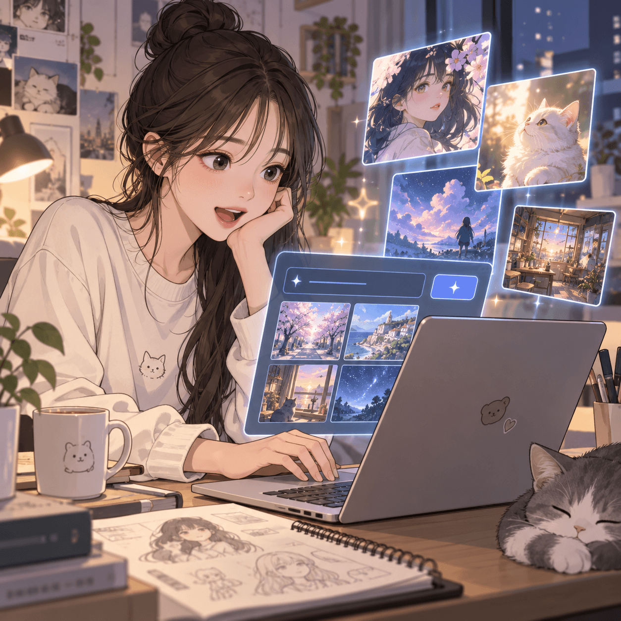AI 그림 생성 프롬프트를 작성하는 여성과 그녀의 작업 공간, 컴퓨터 화면에 여러 이미지가 표시되어 있으며, 옆에는 고양이가 잠들어 있는 모습.