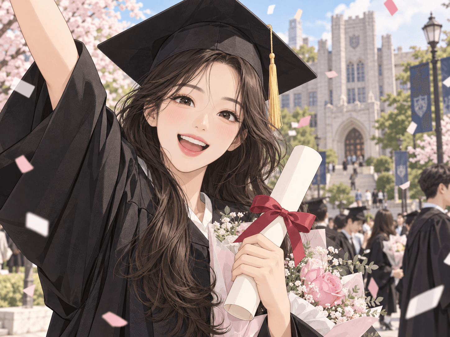 졸업복을 입고 졸업장을 들고 있는 여성, 배경에 벚꽃과 서울사이버대학교의 건물이 보이는 모습. 졸업식의 기쁨과 축하의 분위기를 담고 있는 이미지.