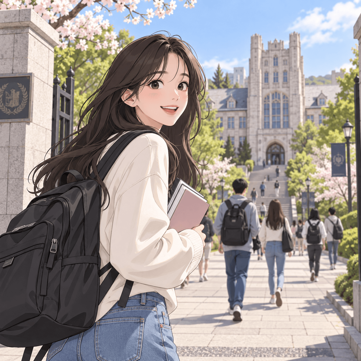 서울사이버대학교 캠퍼스에서 학생들이 학업을 위해 이동하는 모습, 벚꽃이 만개한 아름다운 배경과 함께 웃고 있는 여성 학생이 책을 들고 있는 장면.