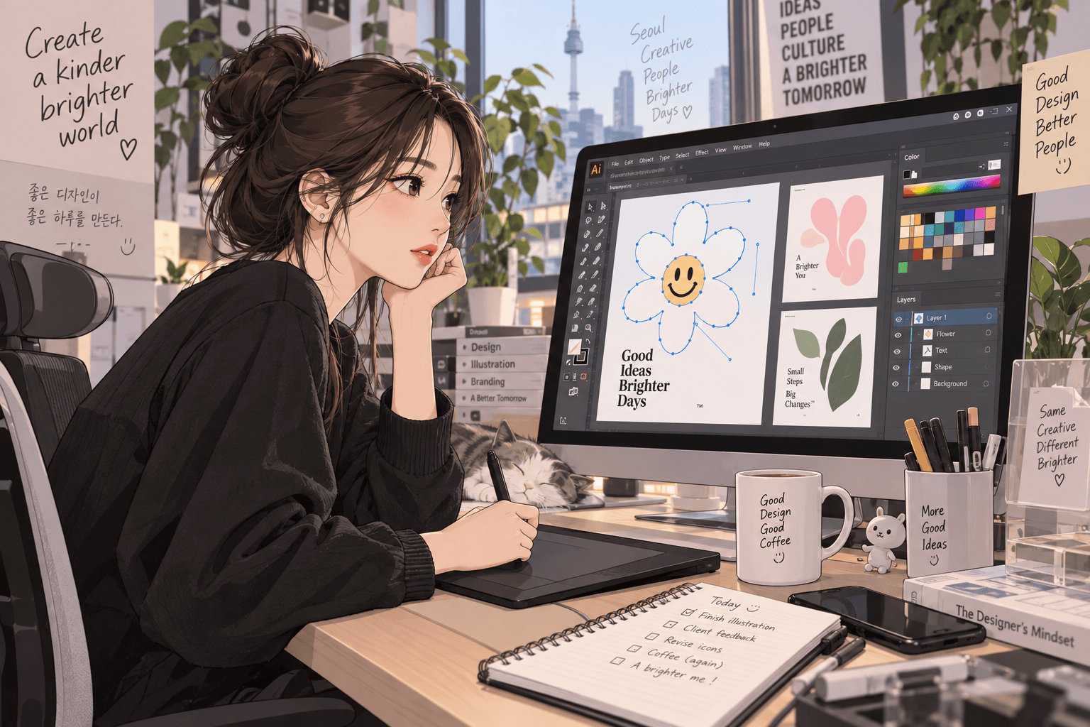 디지털 일러스트레이션 작업 중인 여성의 모습, 컴퓨터 화면에는 다양한 디자인 요소와 색상이 표시되어 있으며, 작업 공간에는 디자인 관련 메모와 도구들이 배치되어 있다. 배경에는 서울의 도시 풍경이 보인다.