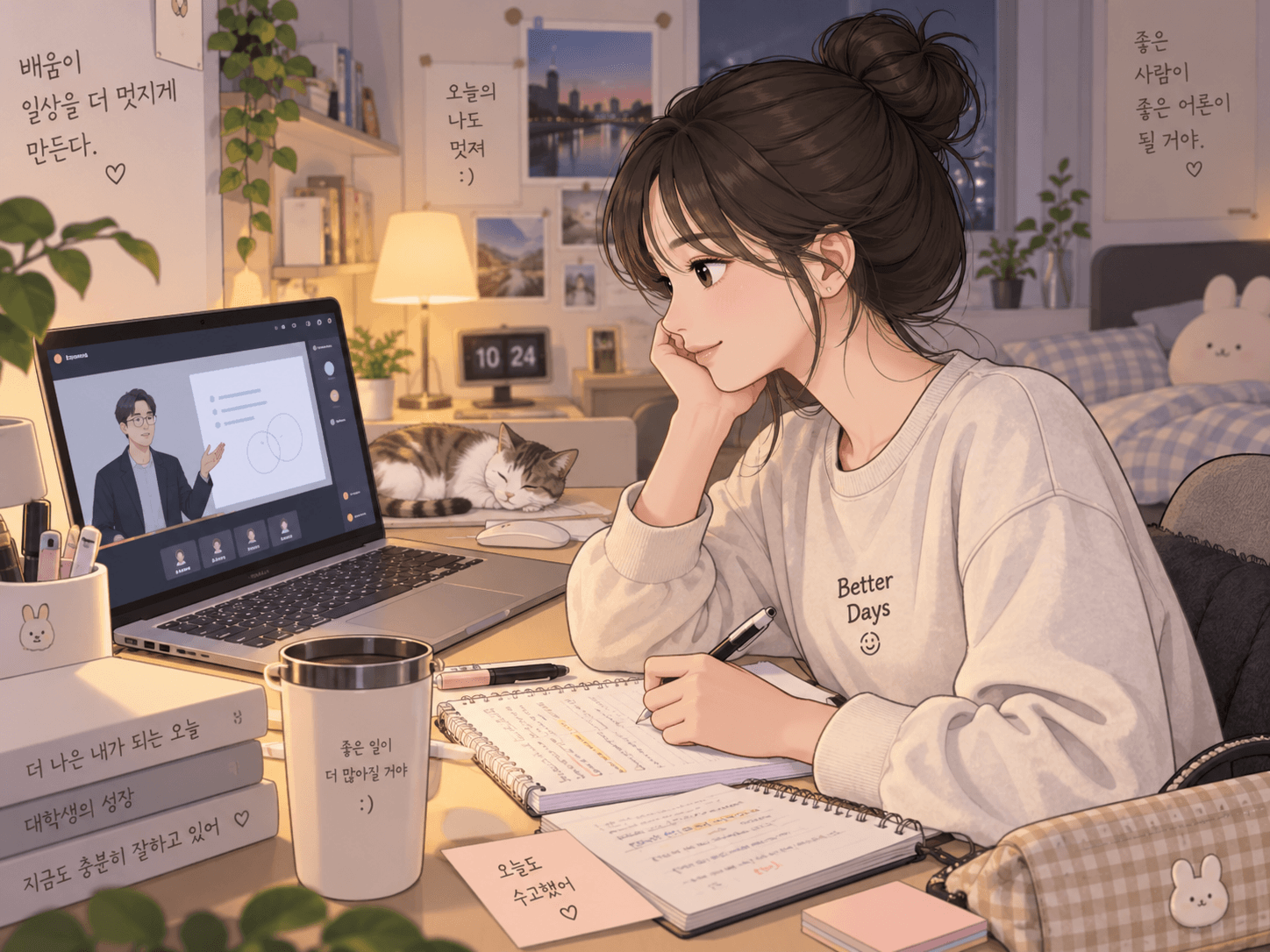 온라인 강의를 듣고 공부하는 학생의 모습, 편안한 환경에서 학습의 중요성을 강조하는 이미지. 서울사이버대학교의 학비와 등록금에 대한 정보를 제공하는 페이지에 적합.