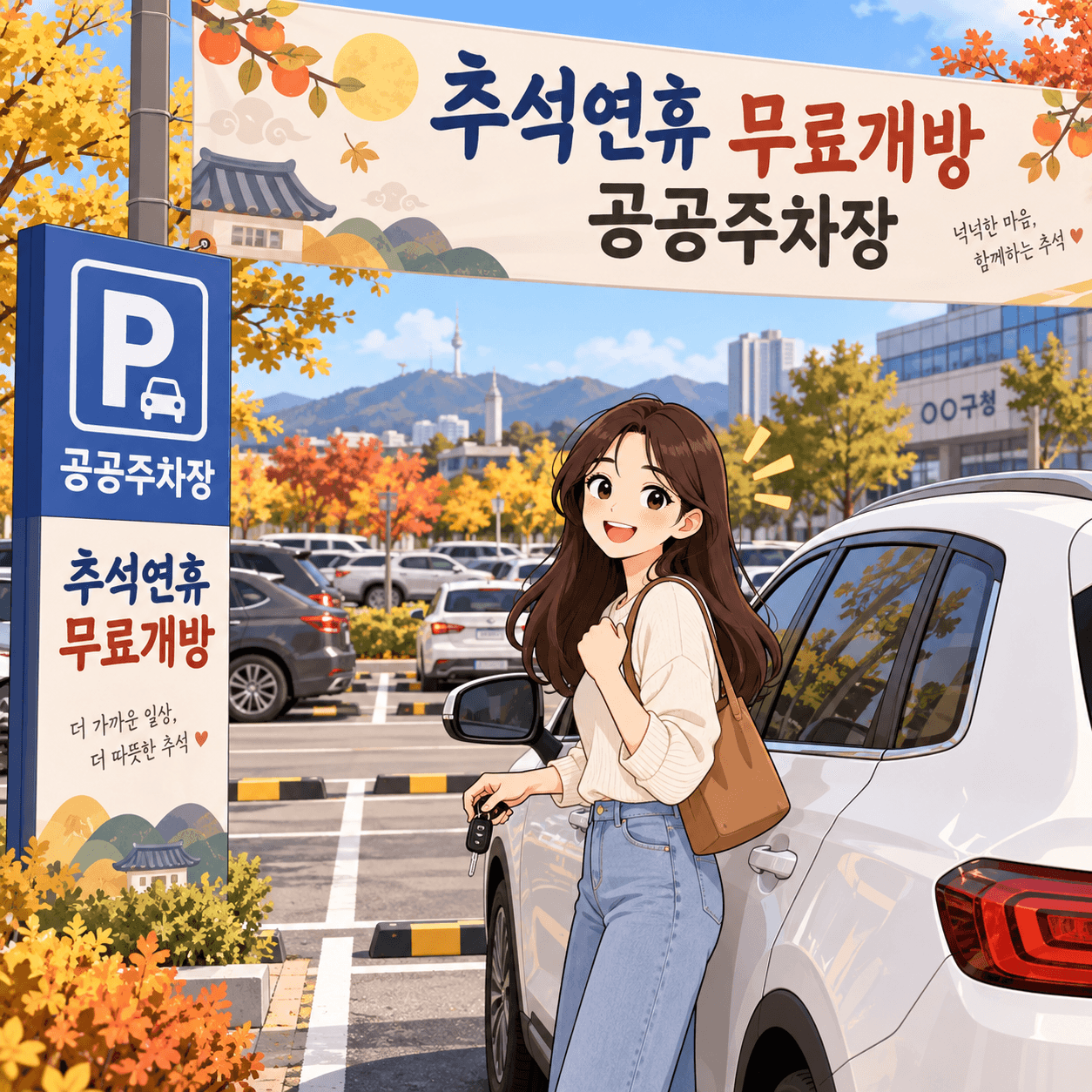 추석 연휴 무료 공공주차장 안내 이미지, 공공주차장 표지판과 주차된 차량들, 밝은 표정의 여성 등장. 배경에는 가을 풍경과 서울 타워가 보임.