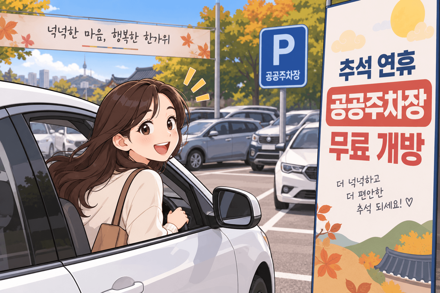 추석 연휴를 맞이하여 무료 개방된 공공주차장에서 차량에 탑승한 여성의 모습과 주차장 안내판이 보이는 이미지.