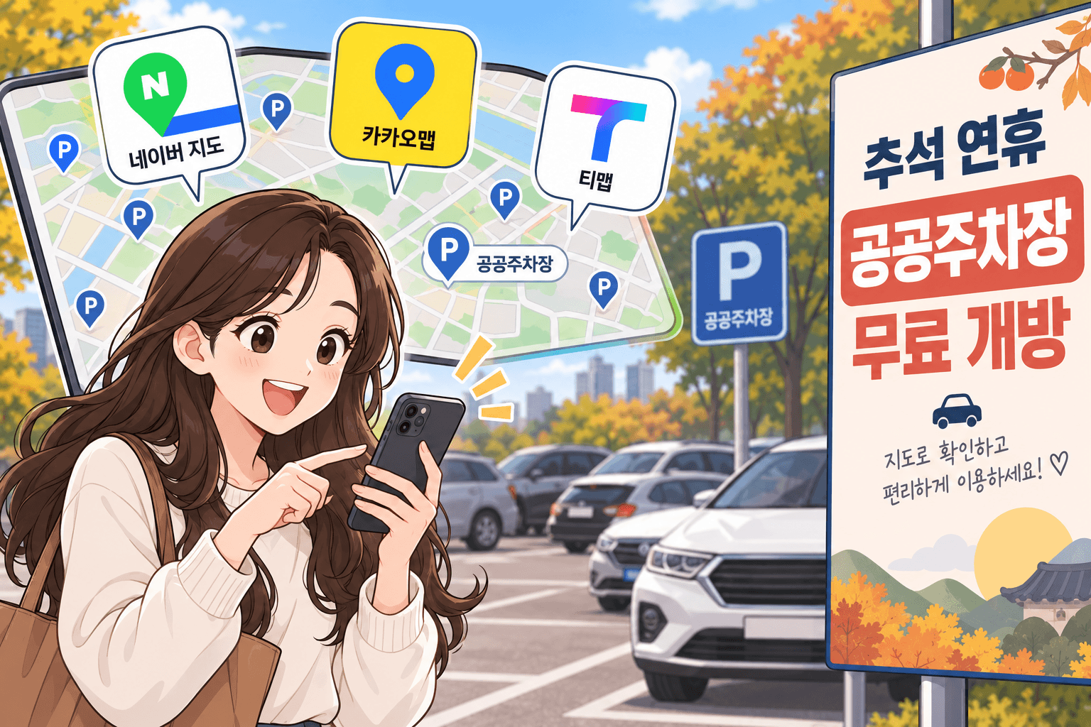 추석 연휴에 무료로 개방되는 공공주차장을 안내하는 이미지로, 네이버 지도, 카카오맵, 티맵 아이콘이 포함된 스마트폰을 들고 있는 여성 캐릭터가 보인다. 배경에는 주차장이 가득 차 있는 모습과 함께 공공주차장 안내 표지판이 있다.