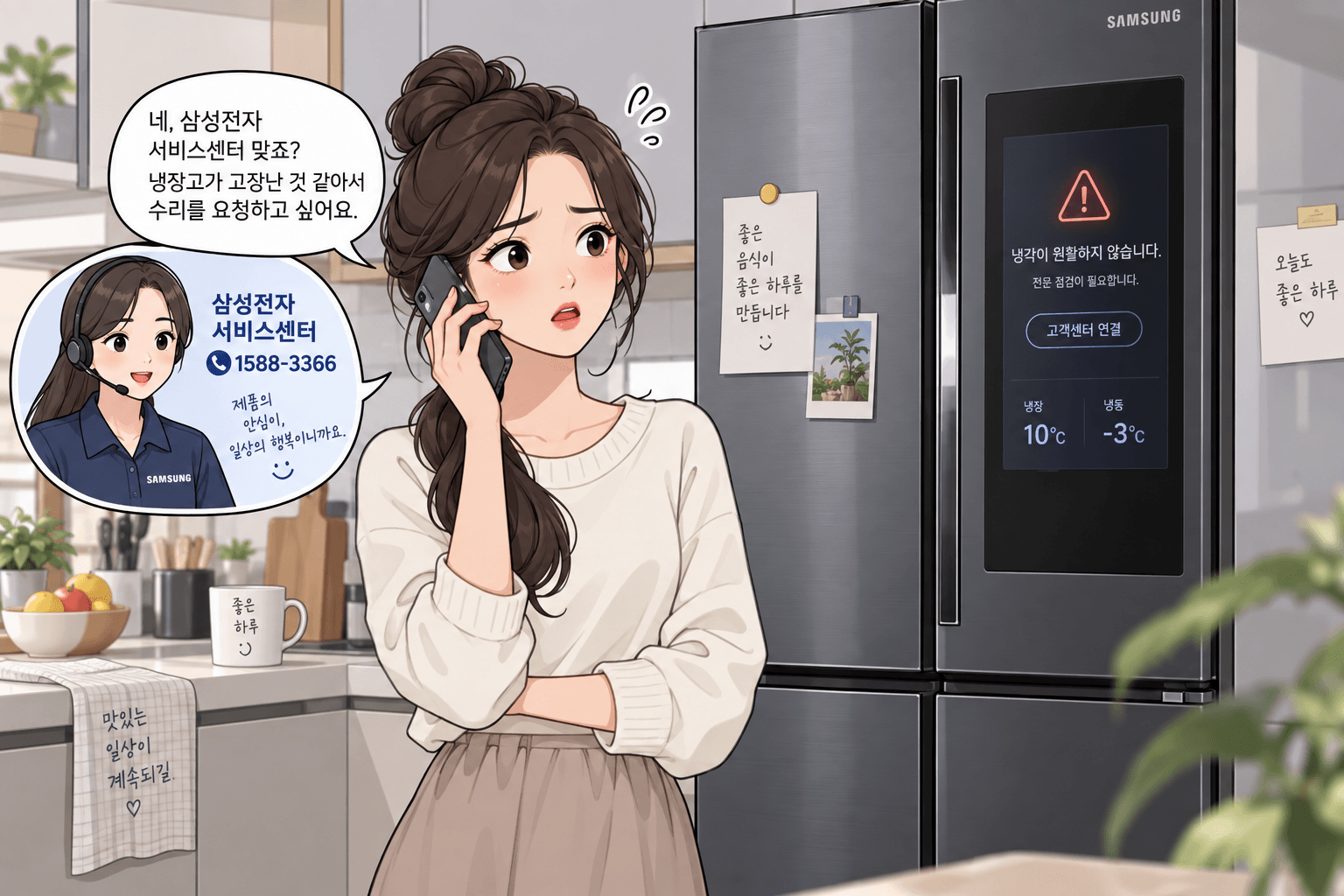 삼성 냉장고 고장으로 서비스센터에 전화하는 여성의 모습, 상담원이 전화로 도움을 주고 있는 장면, 냉장고 디스플레이에 경고 메시지가 표시됨.