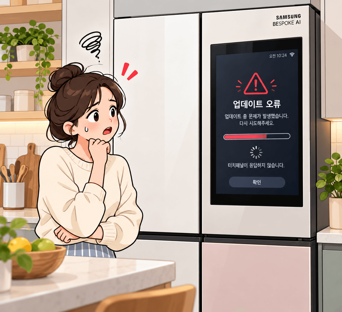 삼성 냉장고의 업데이트 오류 메시지를 확인하며 고민하는 여성의 일러스트, 주방 배경과 함께 오류 해결을 위한 조치를 고민하는 모습.