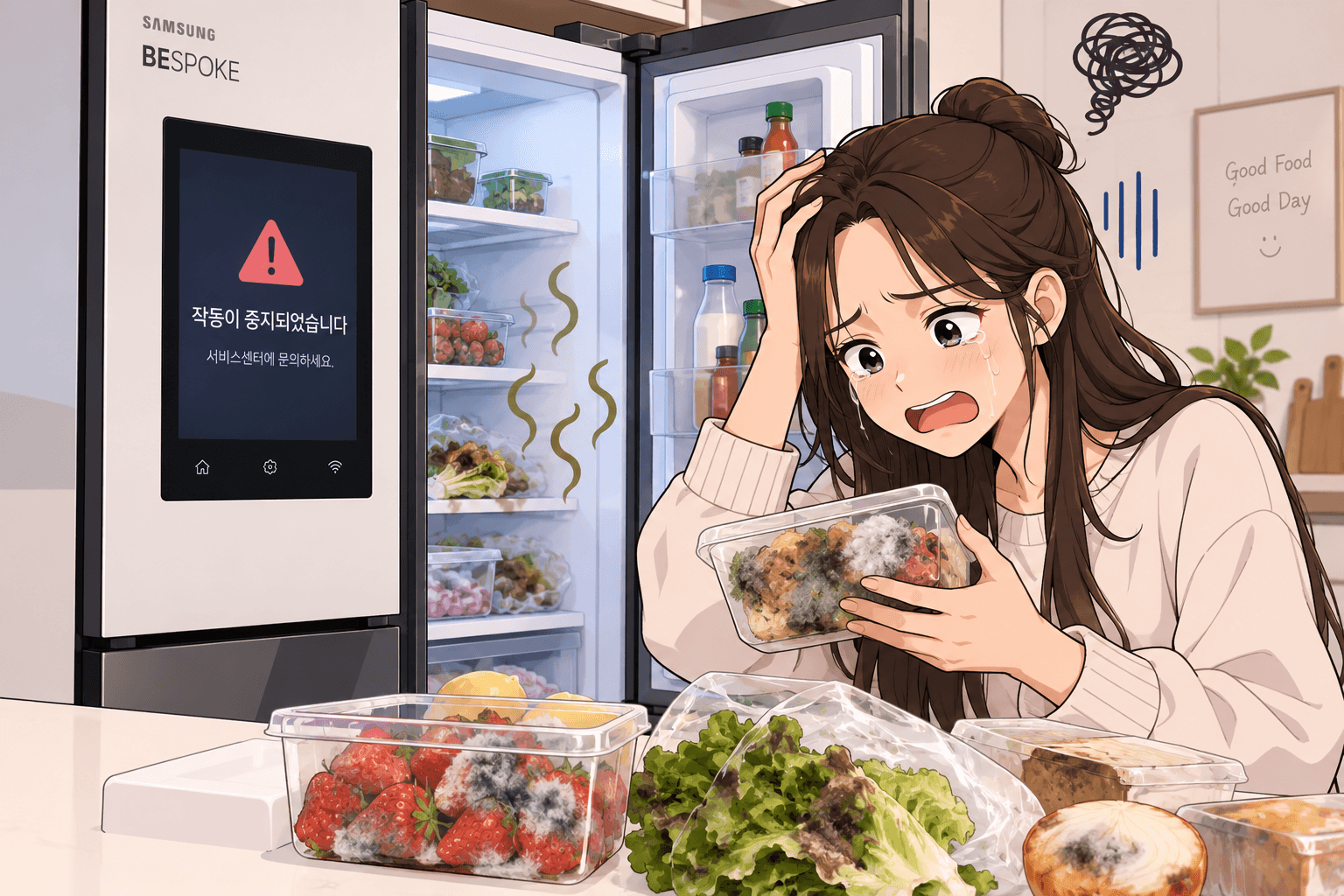 삼성 냉장고 앞에서 걱정하는 여성, 고장 알림 화면과 함께 상한 음식들이 가득한 모습. 냉장고 문제로 인한 불안감을 표현.