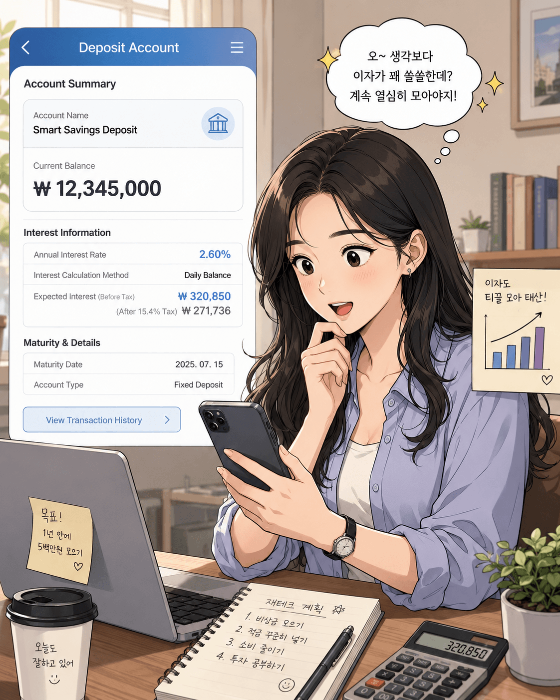 예금 계좌 정보를 확인하는 여성의 모습, 스마트폰 화면에는 10% 이자율을 제공하는 조지아 라리 외국인 계좌 개설 정보가 표시됨. 배경에는 계획을 세우는 노트와 커피컵이 있어 재정 관리에 대한 관심을 나타냄.