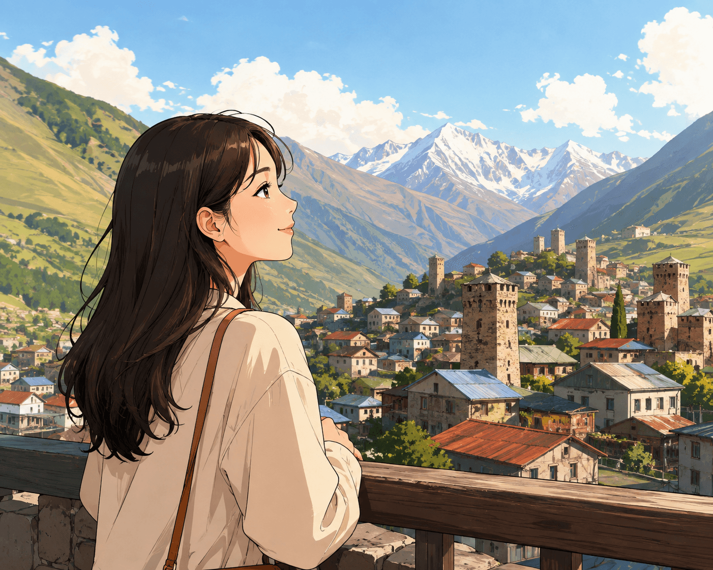 조지아의 아름다운 풍경을 배경으로 한 젊은 여성. 그녀는 산과 고성들이 있는 마을을 바라보며, 외국인 계좌 개설과 10% 예금 이자에 대한 기대감을 나타내고 있다.