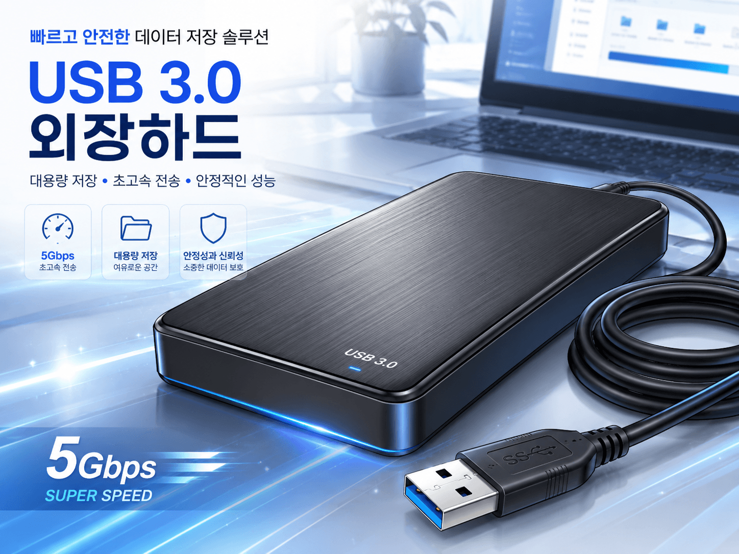 USB 3.0 외장 하드 드라이브와 연결된 USB 케이블, 5Gbps 전송 속도를 강조한 디자인으로, 데이터 저장 및 전송의 효율성을 보여줌.