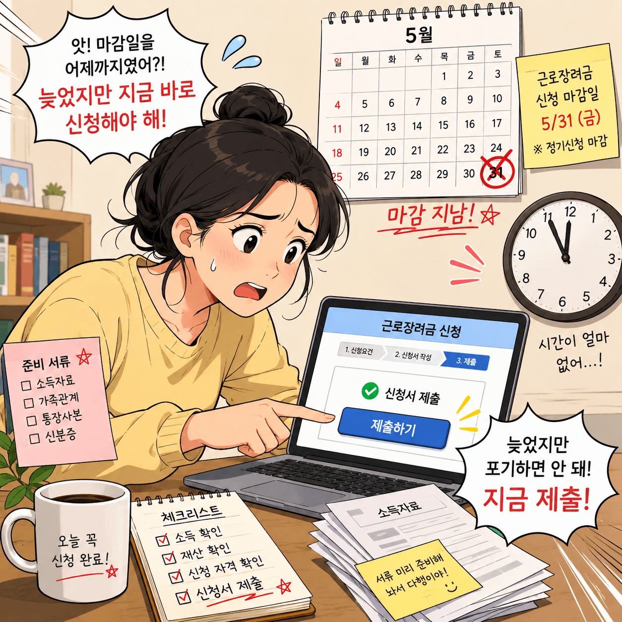 근로장려금 신청 마감일을 놓친 사람의 긴장된 표정과 함께, 컴퓨터 화면에 신청 버튼이 강조된 이미지. 배경에는 5월 달력이 보이며, 신청 서류와 체크리스트가 놓여 있어 기한 후 신청의 중요성을 강조.