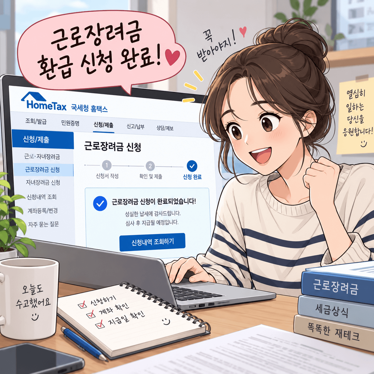 근로장려금 신청 완료 화면을 보고 기뻐하는 여성. HomeTax 웹사이트에서 근로장려금 신청이 완료되었음을 알리는 메시지가 보이며, 책상 위에는 관련 서적과 체크리스트가 놓여 있다.