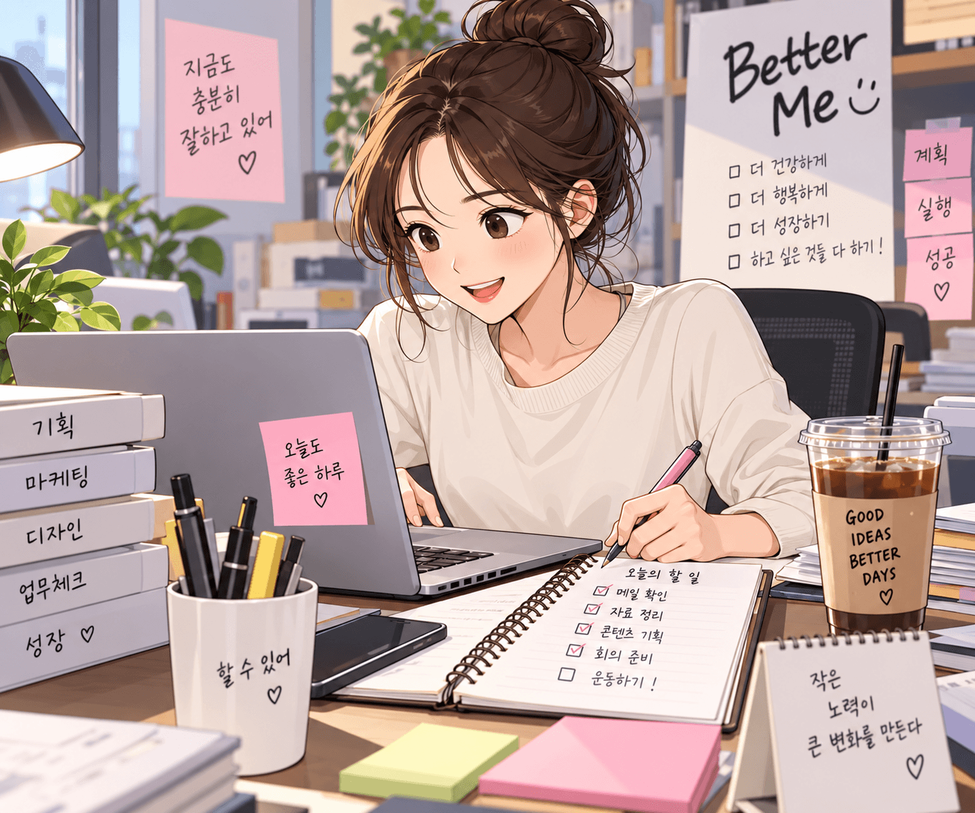 근로장려금 기한후신청과 관련된 정보를 찾는 사람을 위한 이미지로, 여성 캐릭터가 컴퓨터 앞에서 업무를 수행하며 계획을 세우고 있는 모습. 주변에 메모와 필기구가 정리되어 있고, 긍정적인 메시지와 체크리스트가 담긴 노트가 강조되어 있어 생산성과 자기계발의 분위기를 전달.