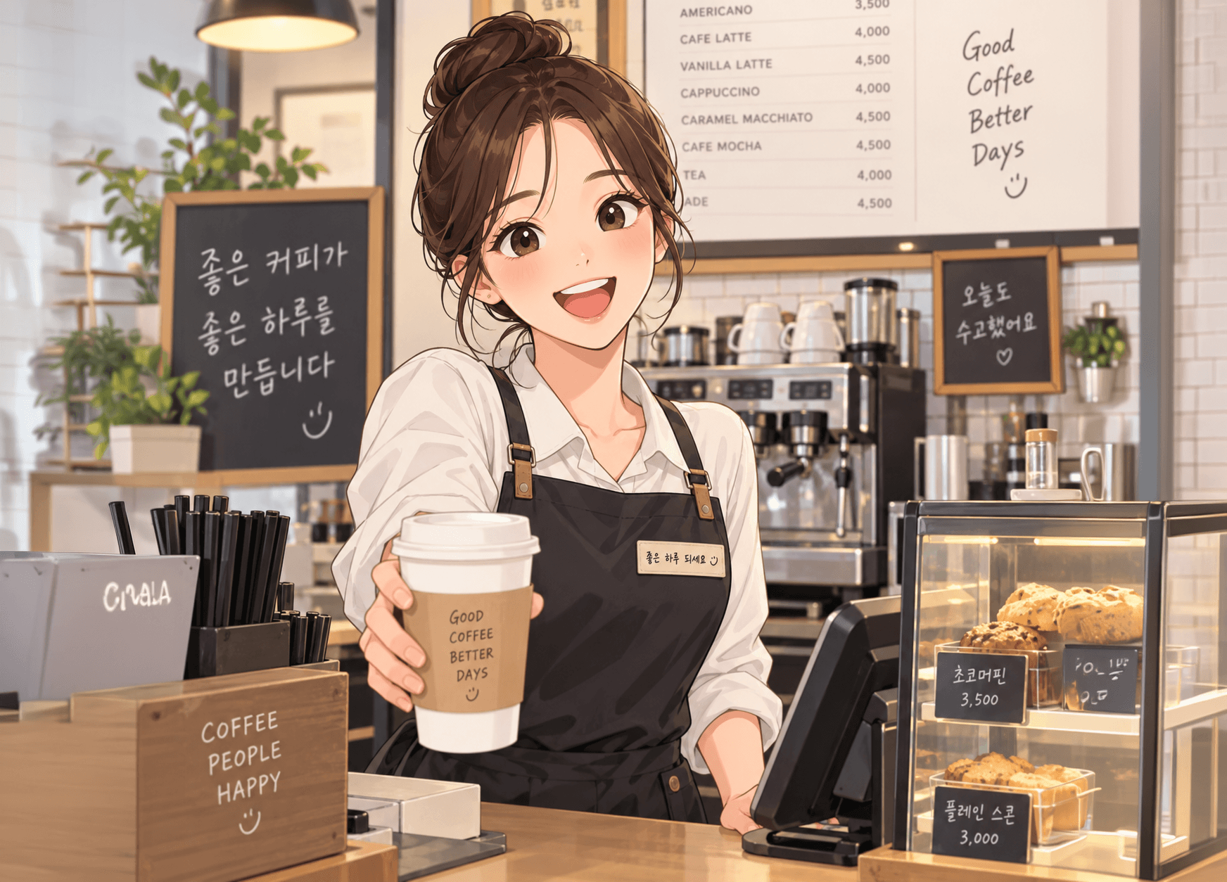 카페에서 커피를 제공하는 바리스타가 미소를 지으며 일하는 모습, 메뉴판과 다양한 음료 및 디저트가 배경에 있는 이미지.