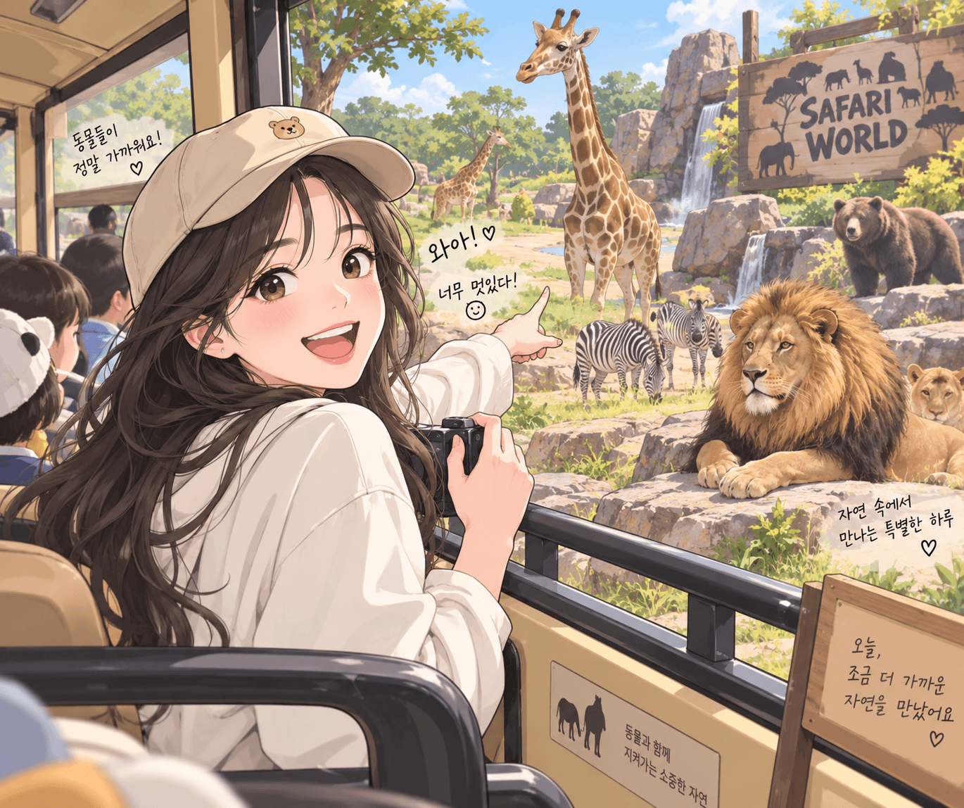 에버랜드 사파리에서 동물들을 관찰하는 즐거운 순간을 담은 이미지, 기린과 사자, 얼룩말이 있는 배경과 함께 행복한 표정의 소녀가 카메라를 들고 동물을 가리키며 감탄하는 모습.