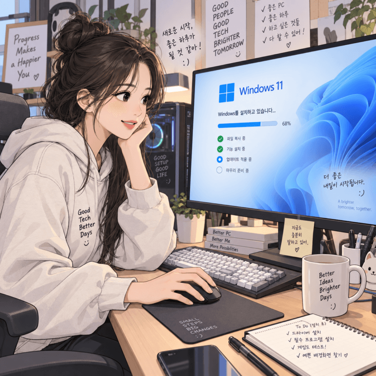 윈도우 11 설치 진행 중인 여성 사용자가 컴퓨터 모니터를 바라보며 미소 짓고 있는 모습. 화면에는 설치 진행 상태와 관련된 정보가 표시되어 있으며, 작업 공간에는 다양한 문구가 적힌 메모와 도구들이 놓여 있다.