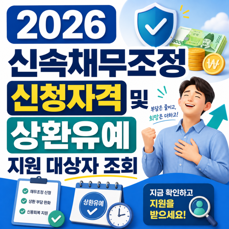 2026 신속채무조정 신청자격과 상환유예 지원 대상자 조회 안내 이미지, 재무 지원과 부담 완화를 강조하며 신청 절차를 설명하는 내용 포함.