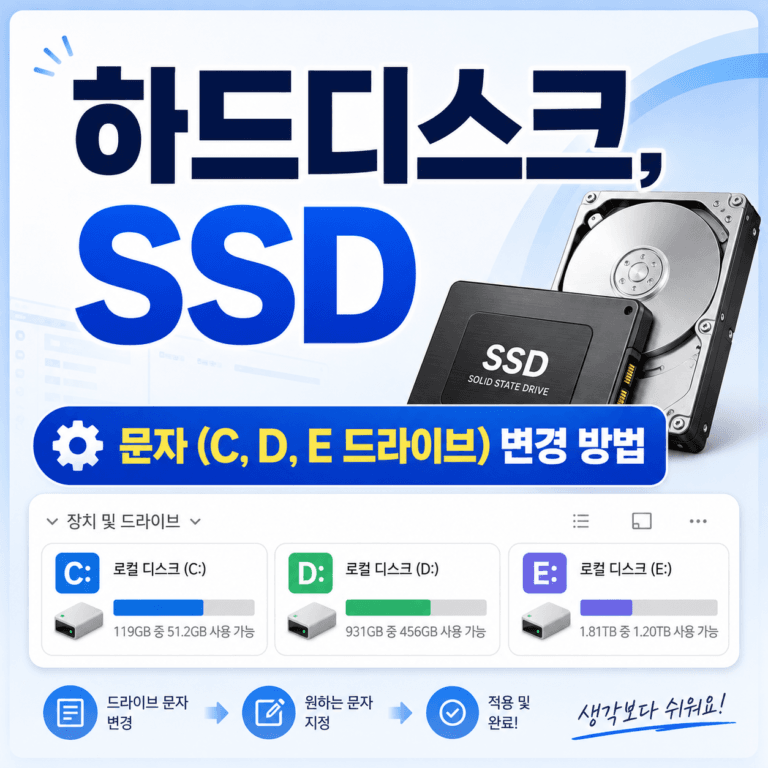 하드디스크와 SSD의 문자 변경 방법을 설명하는 이미지로, C, D, E 드라이브의 용량과 사용 현황을 보여줍니다. 드라이브 문자 변경 절차와 간단한 안내가 포함되어 있습니다.
