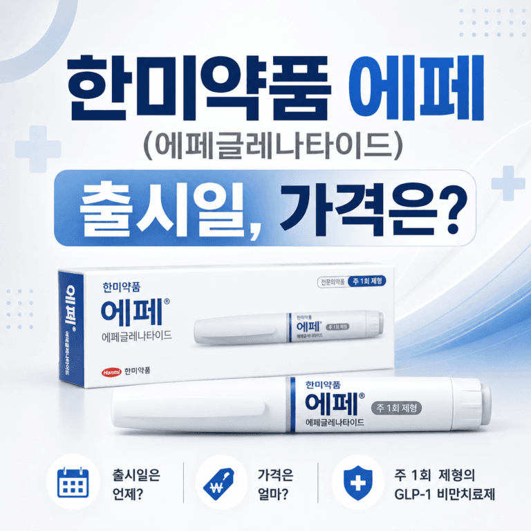 한미약품의 에페(에페글레나타이드) 제품 이미지, 출시일과 가격에 대한 정보를 포함한 디자인.