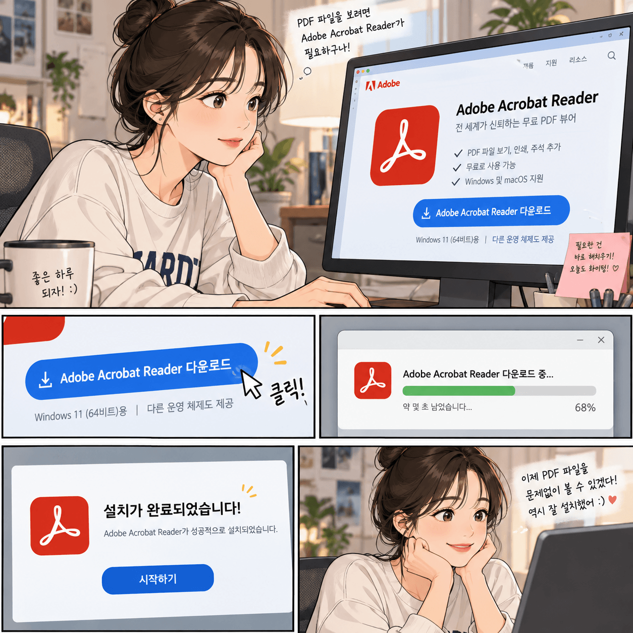 PDF 뷰어인 Adobe Acrobat Reader를 다운로드하는 과정과 설치 완료를 보여주는 이미지, 사용자가 컴퓨터 화면을 바라보며 기뻐하는 모습.