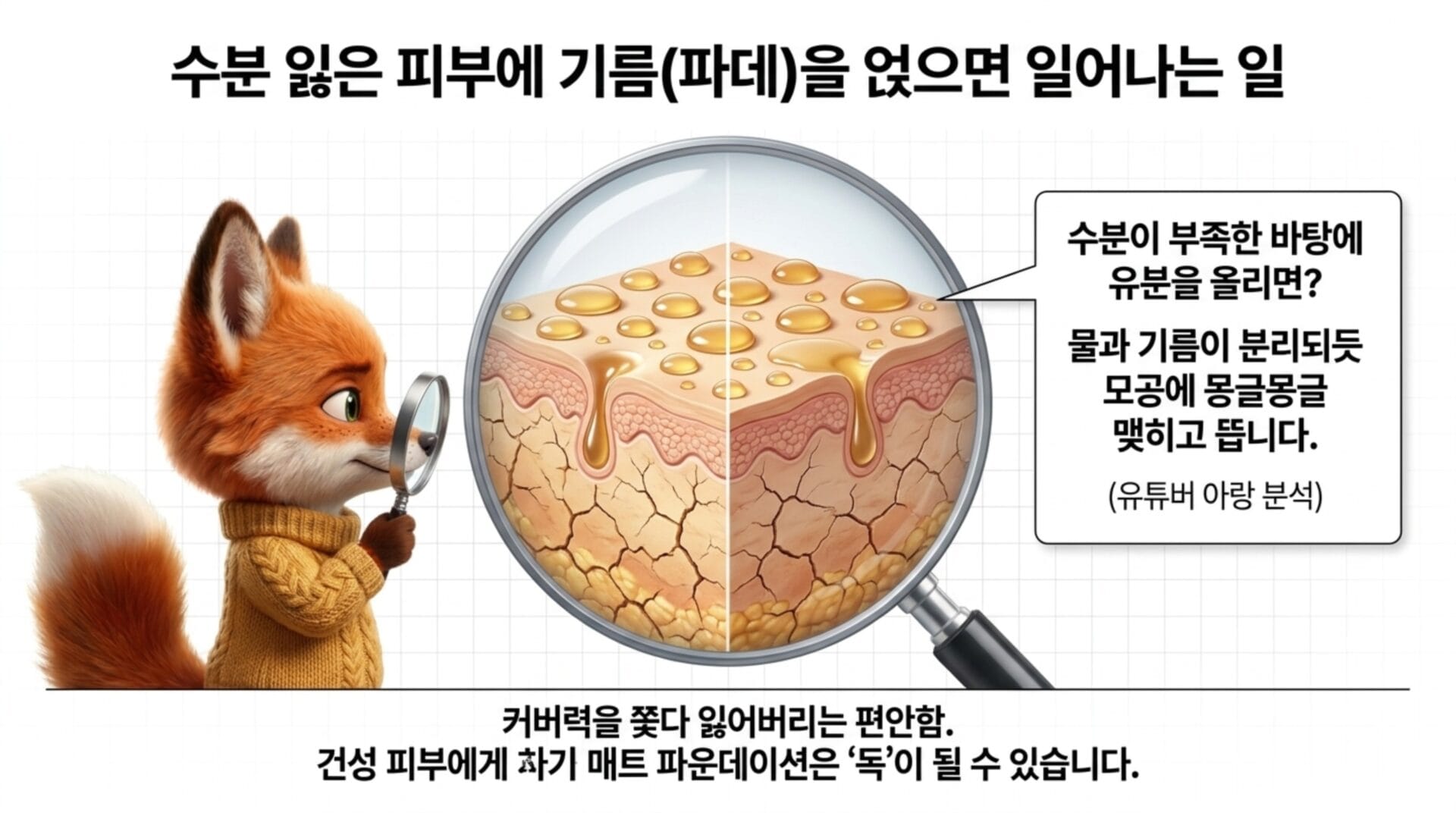 수분이 부족한 피부에 기름(파데)을 사용했을 때의 피부 상태를 설명하는 이미지. 확대경을 통해 수분 부족으로 인한 피부 갈라짐과 기름의 분포를 보여주며, 건성 피부에 매트 파운데이션 사용 시 주의사항을 강조.