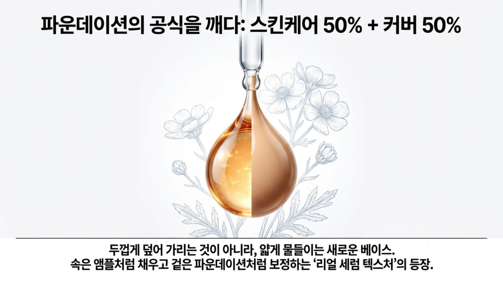 네리티아 실크 프라이머와 세럼 파운데이션의 조합을 보여주는 이미지로, 스킨케어와 커버 효과를 50%씩 제공하는 제품의 특징을 강조. 새로운 베이스의 텍스처와 사용감을 설명하는 내용 포함.