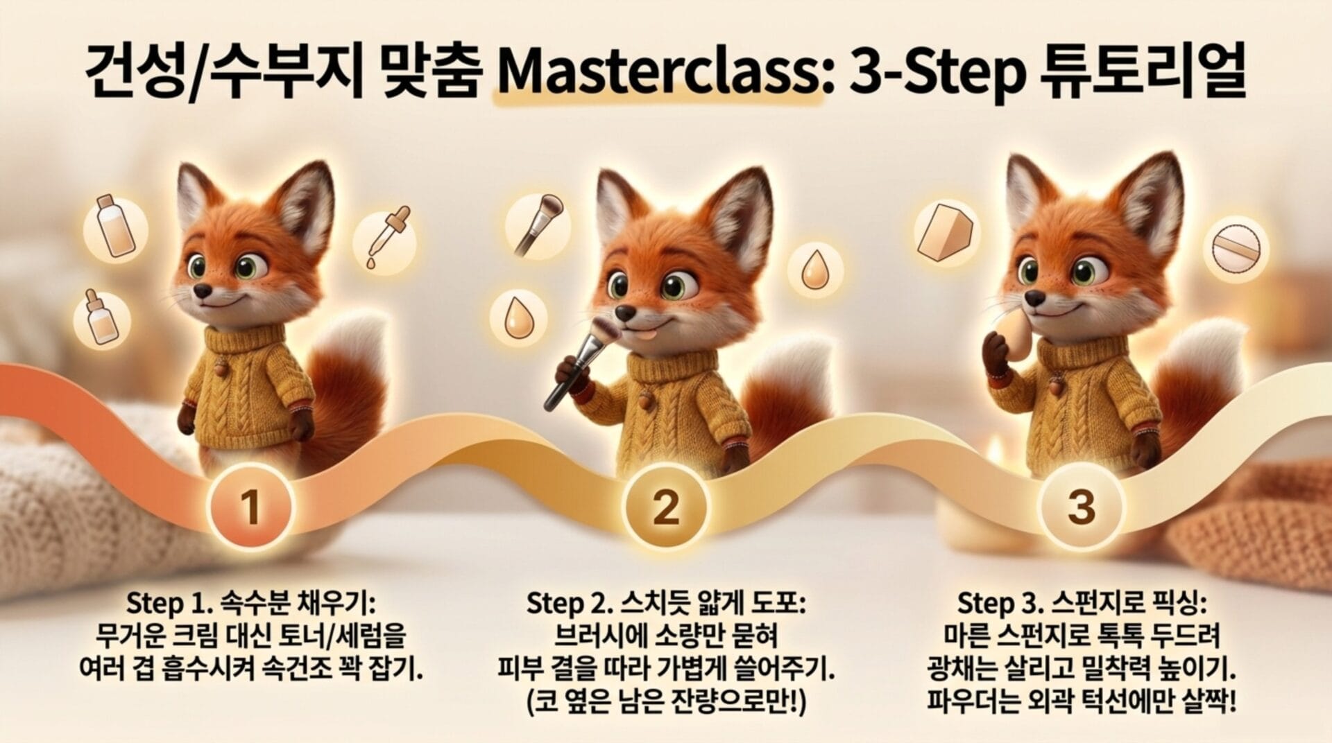 "네리티아 실크 프라이머와 세럼 파운데이션 사용법을 설명하는 3단계 튜토리얼 이미지. 귀여운 여우 캐릭터가 각 단계별로 필요한 제품과 방법을 안내하고 있으며, 피부 메이크업을 위한 팁을 제공하고 있음."