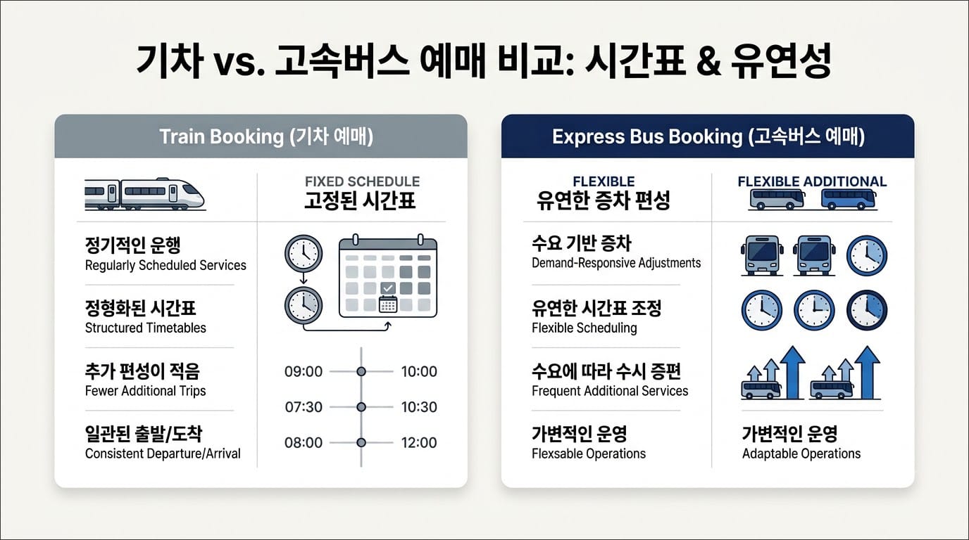 기차와 고속버스 예매 비교: 고정된 시간표와 유연한 운영 방식의 차이를 설명하는 인포그래픽.