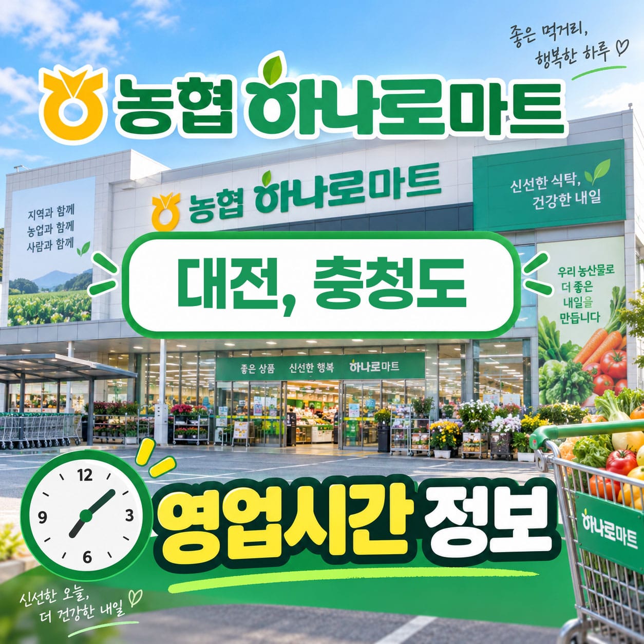 농협 하나로마트 대전, 충청도 외관과 영업시간 정보, 신선한 식품과 다양한 상품을 제공하는 마트 모습.