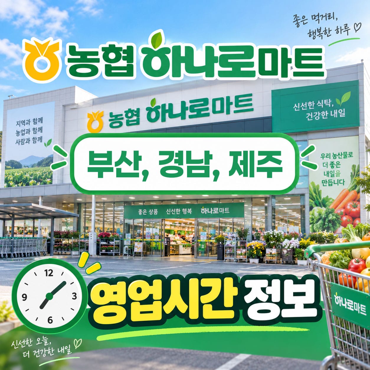 농협 하나로마트 부산, 경남, 제주 매장 외관과 영업시간 정보가 포함된 이미지. 신선한 농산물과 다양한 상품을 제공하는 마트의 모습.