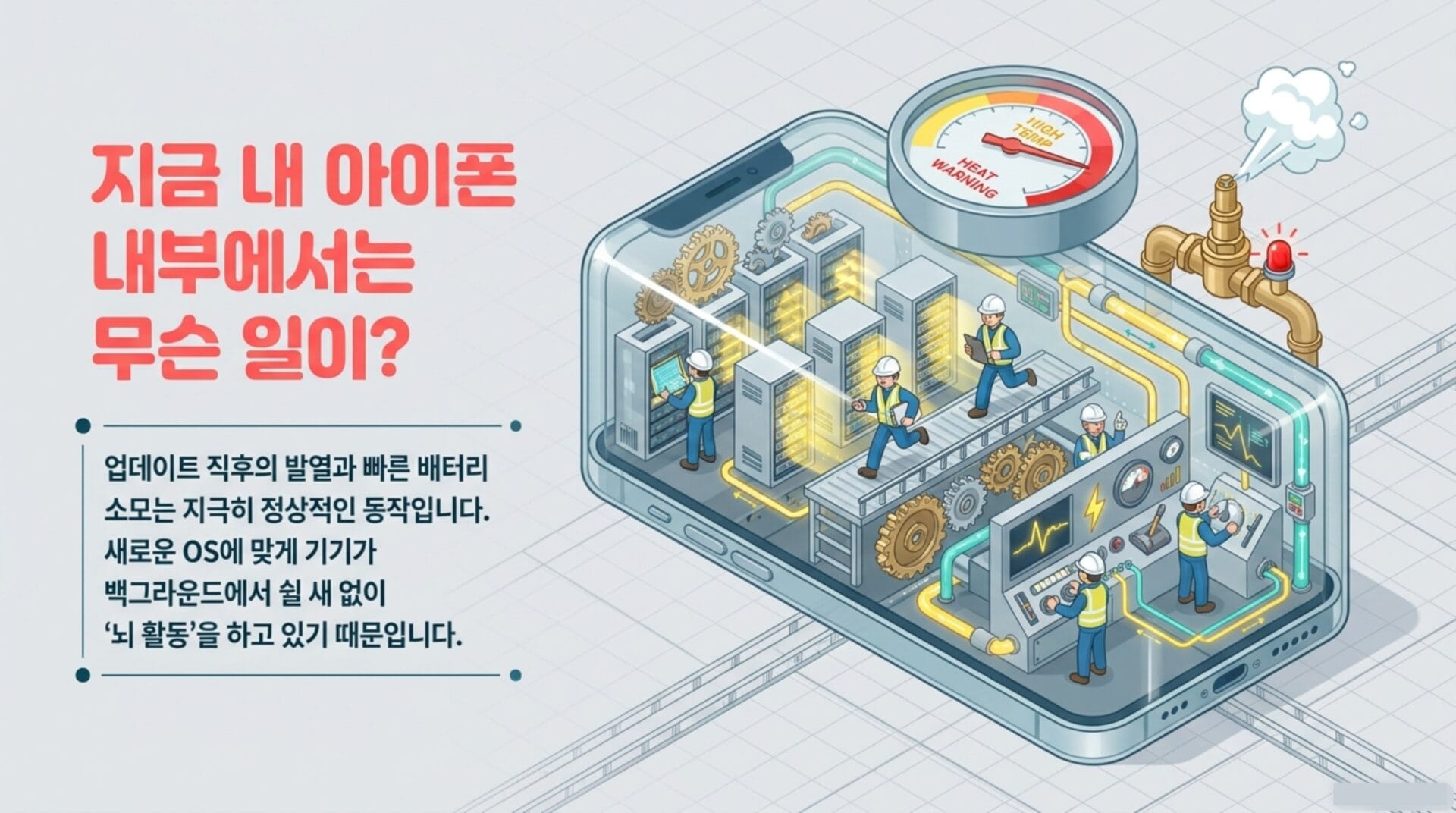 아이폰 내부 구조를 보여주는 일러스트로, 배터리 소모와 발열 문제를 설명하며, 여러 기술자가 장비를 점검하고 있는 모습이 담겨 있습니다. 이 이미지는 iOS 27 업데이트 후 발생할 수 있는 문제를 다루는 내용을 강조합니다.