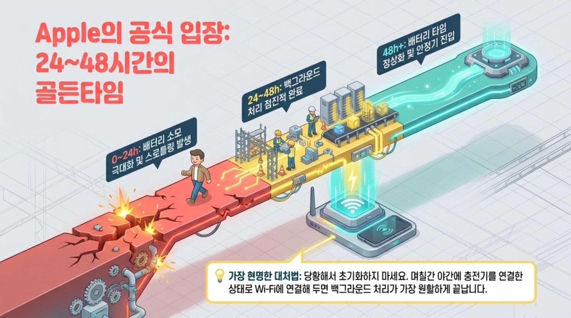 아이폰 iOS 27 업데이트 후 배터리 문제와 발열 현상을 다루는 인포그래픽, 24~48시간 동안의 배터리 소모 및 백그라운드 처리 진행 상황을 시각적으로 설명.