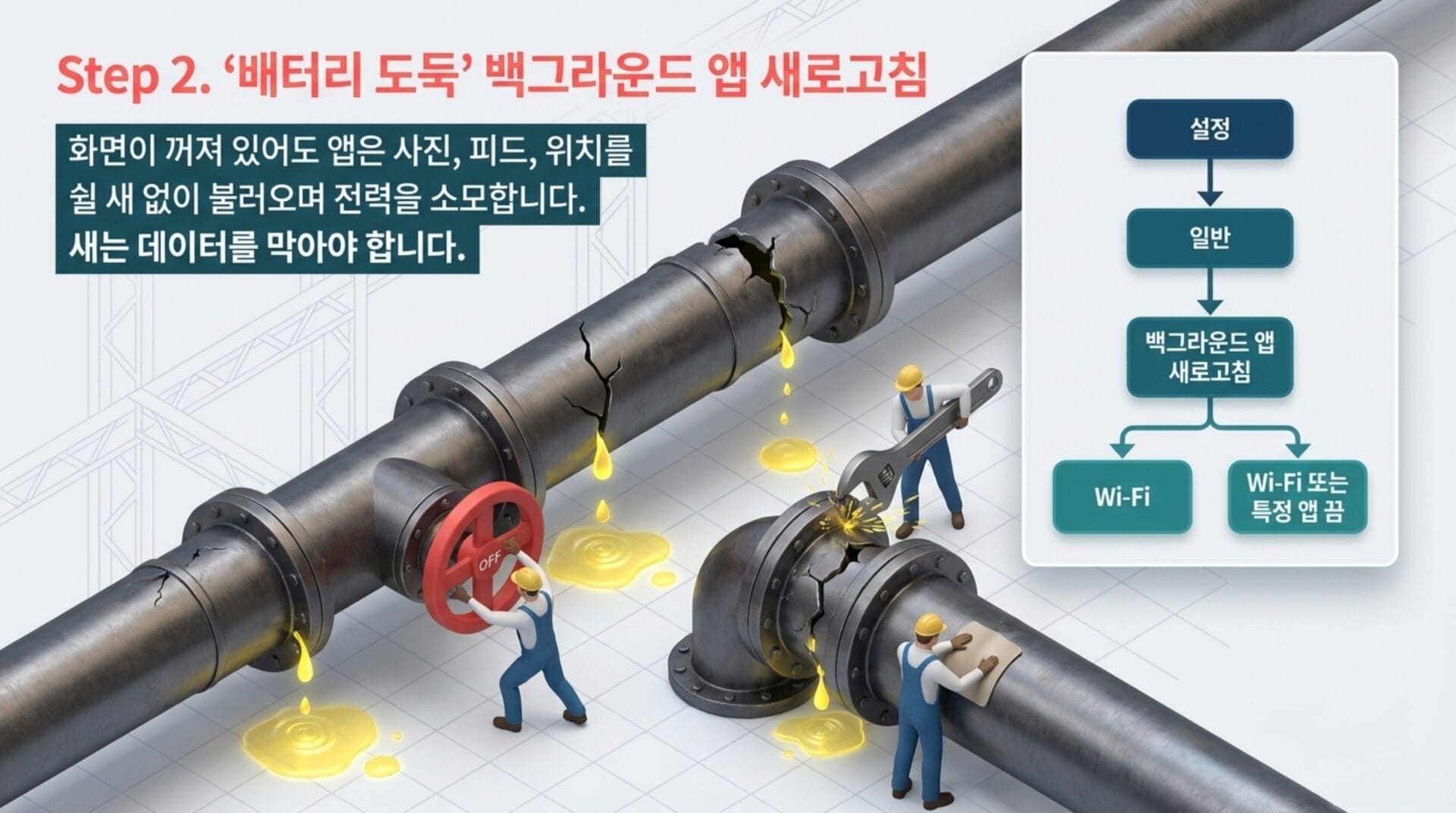 아이폰 iOS 27 업데이트 후 배터리 소모와 발열 문제를 해결하기 위한 '배터리 도둑' 백그라운드 앱 새로 고침 단계 설명. 배관 수리 작업을 하는 인부들이 기계 부품을 점검하고 있는 모습.