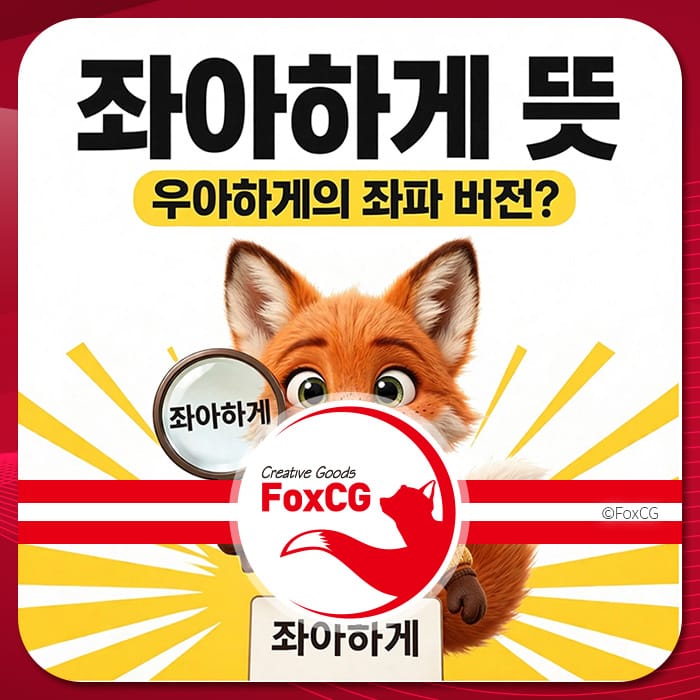 좌아하게 뜻을 설명하는 이미지로, 우아하게의 좌파 버전이라는 주제를 다루고 있으며, 귀여운 여우 캐릭터와 함께 '좌아하게'라는 문구가 강조되어 있는 디자인.