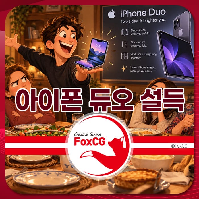 아이폰 듀오를 들고 있는 캐릭터와 가족이 함께하는 저녁 식사 장면, 아이폰 듀오의 특징과 장점을 강조하는 배경.
