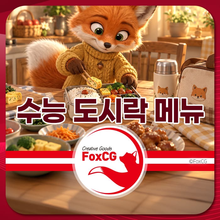 귀여운 여우 캐릭터가 수능 도시락을 준비하는 모습으로, 다양한 건강한 반찬과 밥이 담긴 도시락이 테이블에 놓여 있습니다. 수능 대비에 적합한 소화 잘 되는 음식과 피해야 할 음식에 대한 정보를 제공하는 페이지에 적합한 이미지입니다.