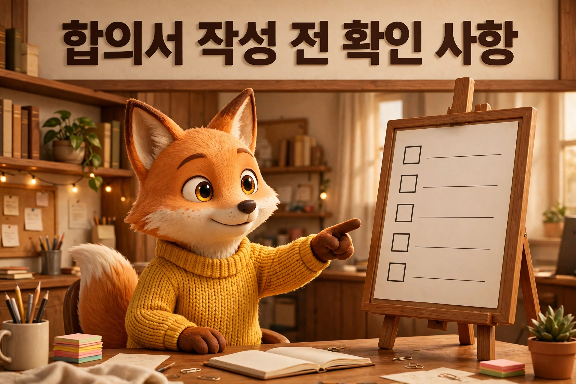 12대 중과실 합의금 합의서 작성 전 확인 사항 체크리스트를 가리키는 여우 캐릭터