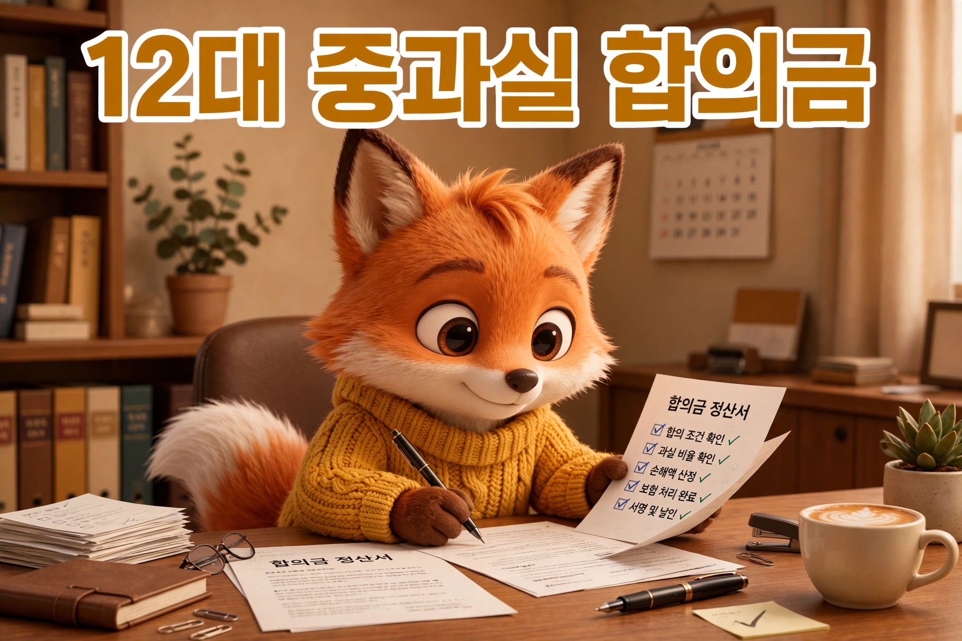 12대 중과실 합의금 서류를 검토하는 여우 캐릭터