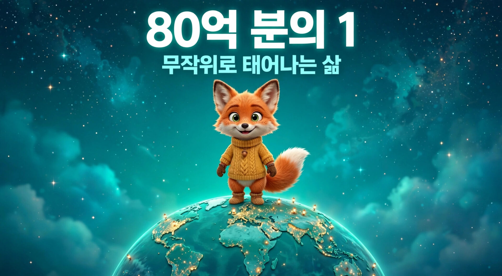귀여운 여우 캐릭터가 지구 위에 서 있는 모습과 함께 "80억 분의 1, 무작위로 태어나는 삶"이라는 문구가 적힌 이미지.