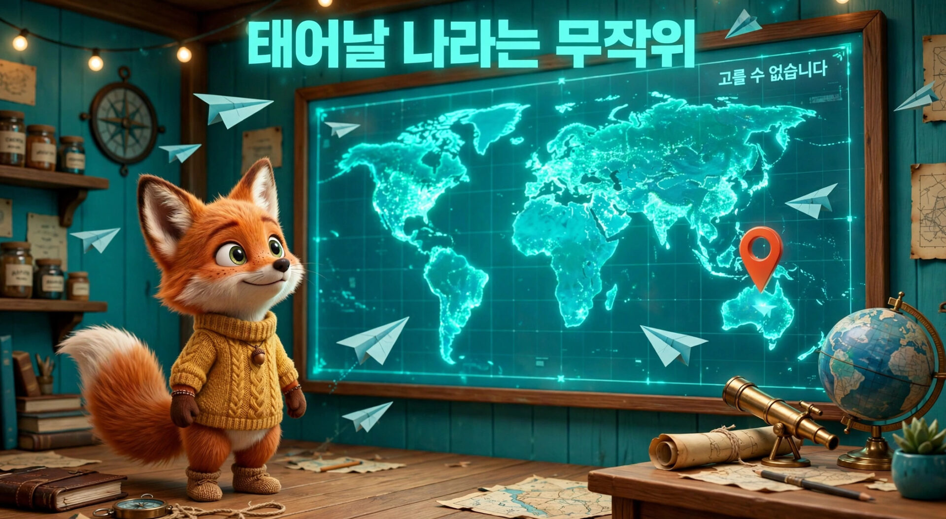 귀여운 여우 캐릭터가 지도 앞에 서서 세계를 탐험하는 모습, 배경에는 종이비행기와 다양한 탐험 도구들이 배치되어 있음.