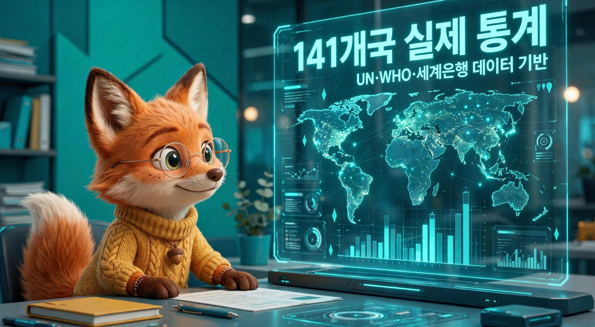 141개국 실태 통계를 분석하는 귀여운 여우 캐릭터, UN과 세계은행 데이터 기반의 인터페이스를 배경으로 한 이미지.