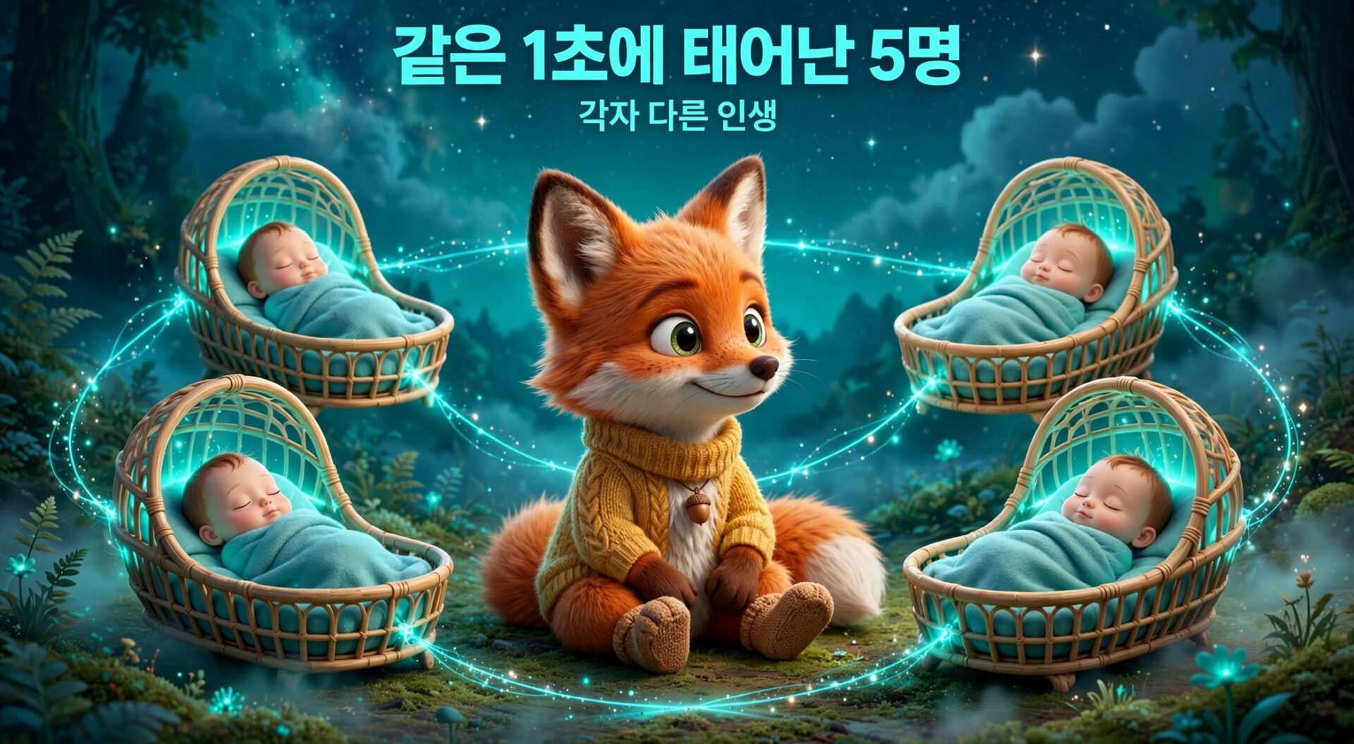 귀여운 여우가 아기들이 담긴 요람 주위에 앉아 있는 환상적인 장면. 각 아기는 다른 인생을 상징하며, 신비로운 빛이 요람을 감싸고 있습니다. 배경은 신비로운 숲으로, 아기와 여우의 따뜻한 분위기를 강조합니다.
