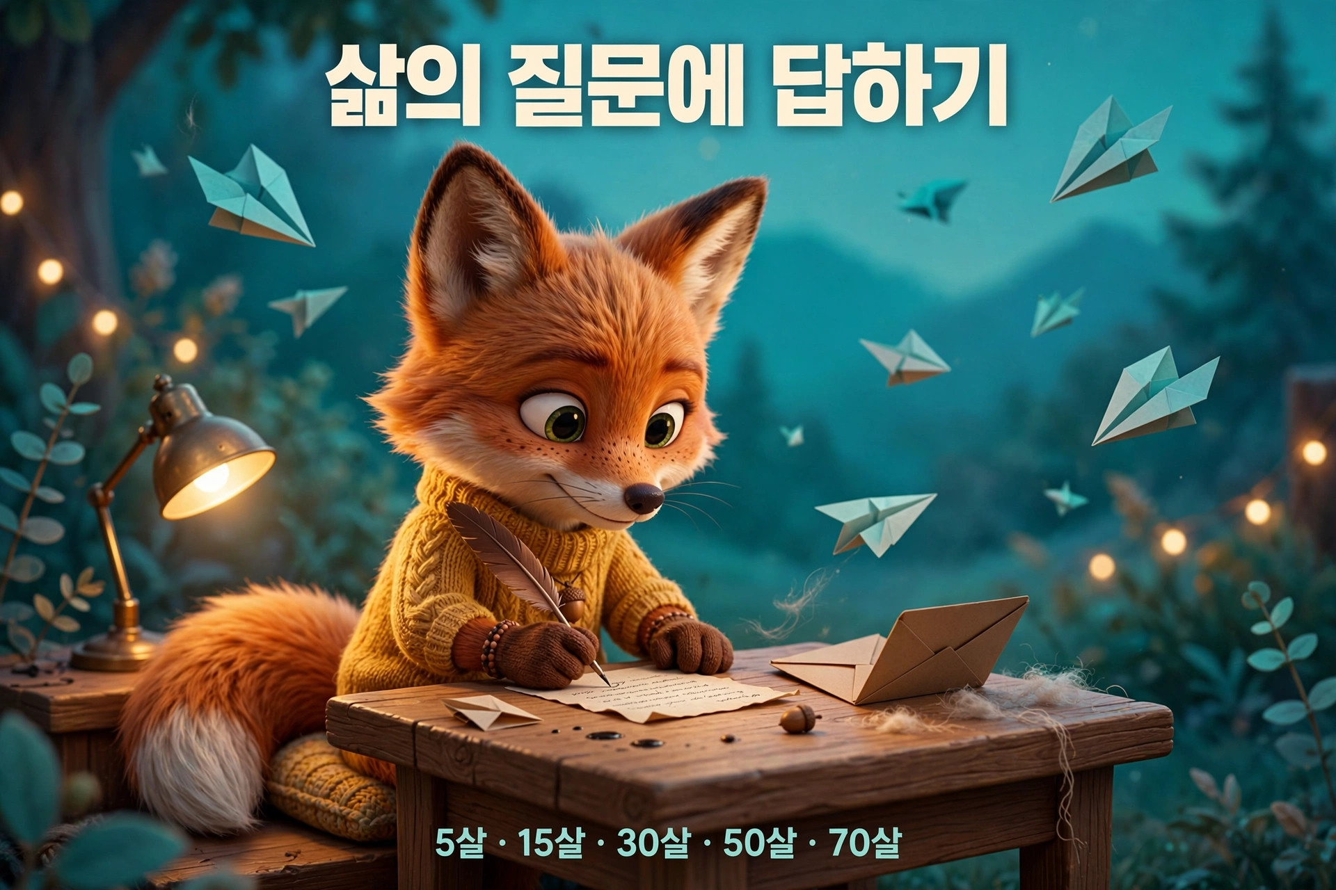 귀여운 여우가 책상에 앉아 편지를 쓰고 있으며, 주변에는 종이비행기가 날아다니고 있다. 따뜻한 조명 아래에서 다양한 연령대(5세, 15세, 30세, 50세, 70세)의 삶의 질문에 답하는 모습을 표현한 일러스트.
