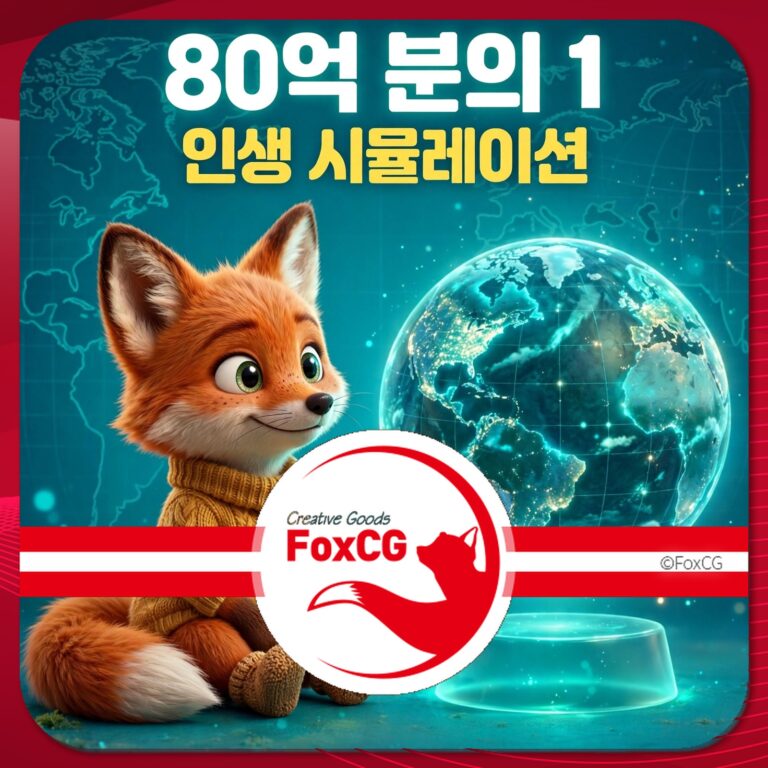 귀여운 여우 캐릭터가 지구본 옆에 앉아 있는 모습으로, '80억 분의 1 인생 시뮬레이션'이라는 텍스트가 포함된 이미지. FoxCG 브랜드 로고도 함께 표시되어 있습니다.