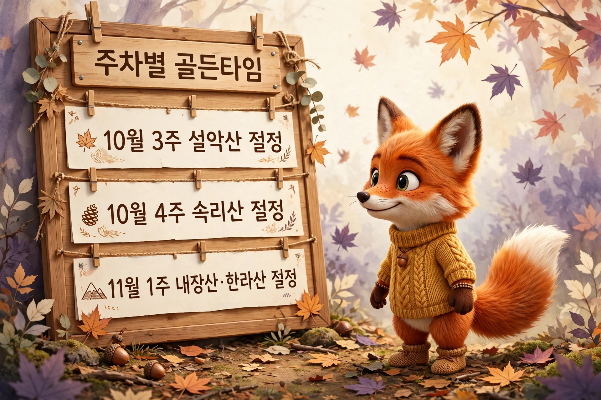 주차별 골든타임 — 10월 3주 설악산, 10월 4주 속리산, 11월 1주 내장산·한라산